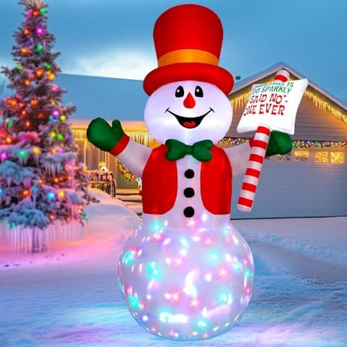 Image of Vintoney 244cm/8FT Inflatable Snowman Outdoor Christmas Decorations – Giant Blow Up Snowman with 360° Rotating LED Lights for Garden & Yard Xmas Decor