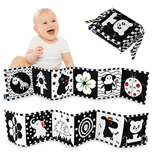 Image of Vicloon Baby Black and White High Contrast Cloth Book - Foldable Touch and Feel Crinkle Fabric for Early Learning