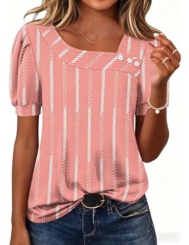 Image of Rapbin Ladies Tops Puff Short Sleeve Blouses Elegant Asymmetrical Neck Tunic Buttons Shirt Summer Women Tops for Leggings Pink and White Lines L