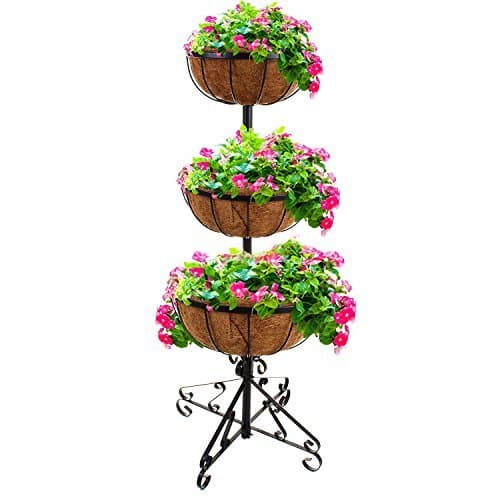 Image of Gr8 Garden 3 Tier Flower Fountain with Coco Liners Black Metal Garden Patio Planter Plant Pot Tub Rack Stand Free Standing