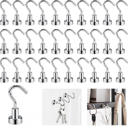 Image of Neodymium 30-Pack Heavy Duty Magnetic Hooks - Strong Silver Magnets for Keys, Tools, Clothes - Ideal for Cruise, Kitchen, Garage, Office, Fridge