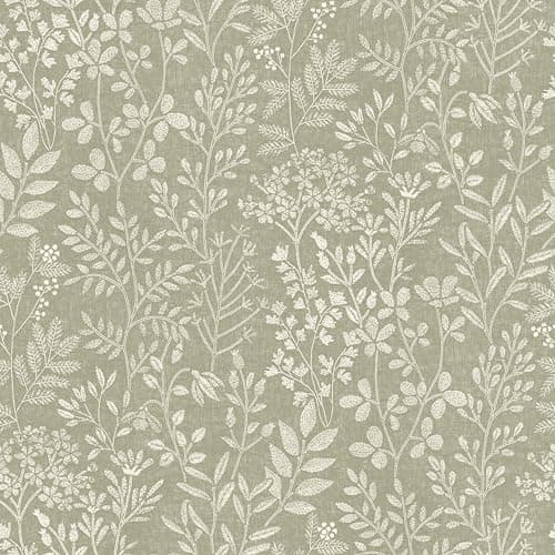 Image of Grandeco Embroidery Stitched Organic Foliage Trail Wallpaper, Green