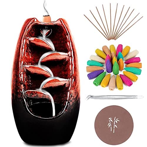Image of Anbar Backflow Incense Burner with 120 Cones, 30 Sticks, Tongs, and Table Mat, Natural Aromatherapy with Ceramic Smoke Waterfall, Supports Meditation and Relaxation, Home Decor (Red)