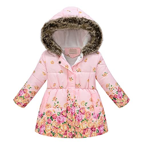 Image of Kids Girls Winter Coat Faux Fur Hooded Windproof Jacket Fleece Liend Padded Thick Warm Parka Outerwear Outdoor Overcoat Cotton Coats Jackets Pink Flower 8-9 Years