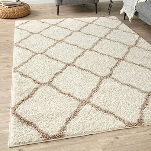 Image of THE RUGS Shaggy Rug – Modern Moroccan Design Rugs for Living Room, Bedroom, Hallway, 3 cm Thick Area Rugs, (Moroccan Ivory/Beige, 80x150cm)