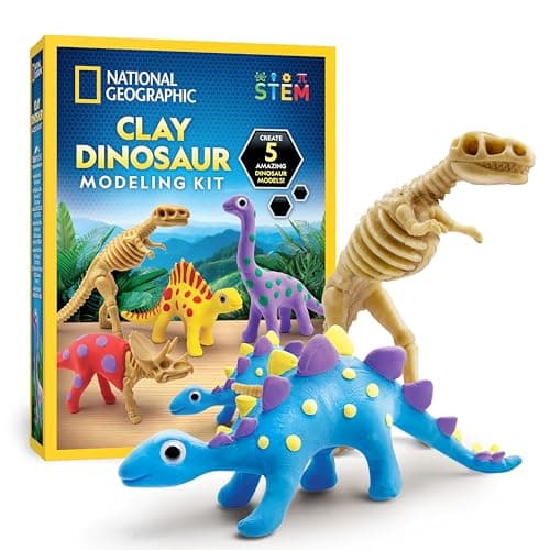 Image of NATIONAL GEOGRAPHIC Clay Dinosaur Craft Kit – Dinosaur Arts & Crafts for Kids with 5 Colors of Air Dry Clay, 5 Dino Skeletons, Googly Eyes, Sculpting Tool, STEM Activity for Boys & Girls
