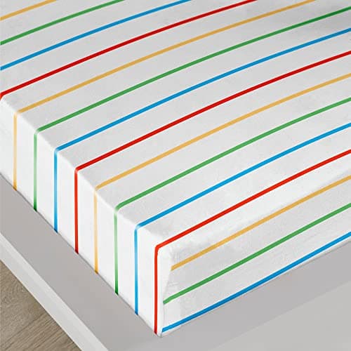 Image of Bedlam - Rainbow Striped Bed Sheet - Single Fitted Sheet (190 x 90 x 28cm) - Rainbow Bedding - Multi-Colour Stripe Bed Sheet in White - Single Fitted Sheet with Stripes - Matching Bedding Available