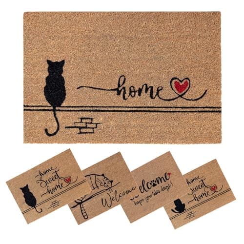 Image of SPOTTED DOG GIFT COMPANY Coir Door Mat, Inside Outside Door Mats, Welcome Mat, Indoor Outdoor Doormats, Front Doormat, Cat Design with PVC Backing, Entrance Door Mat, Heavy Duty Coir 40x60 Black Cat