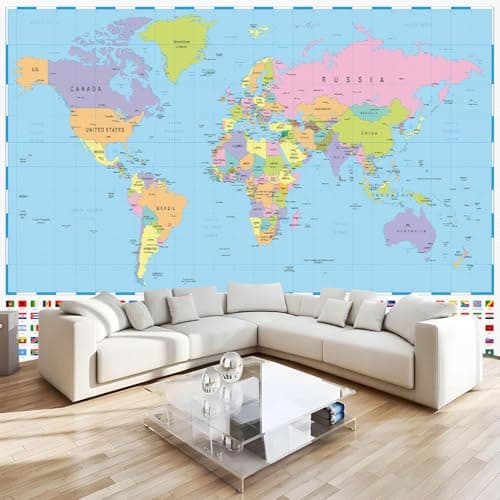 Image of 3D Photo Wallpaper World Map 300x256 cm Non-Woven Wall Mural Geography Maps International Mural Wallpaper for Living Room Bedroom Dining Room Hotel Wall Art Painting a-22