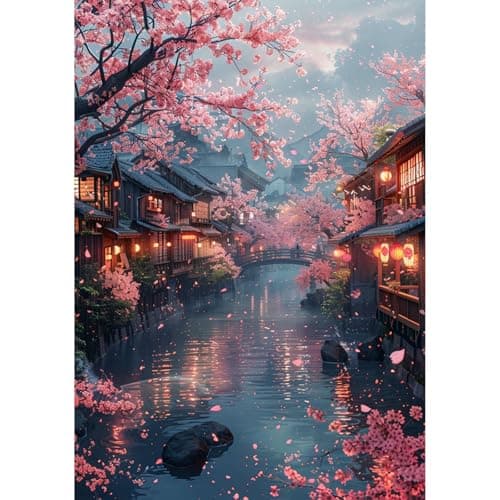 Image of KEYIFA 5D DIY Diamond Painting Kits for Adults, Cherry Blossoms Full Drill Canvas Photo Diamond Art, Ancient Style Crystal Art Diamond Painting Craft Kits for Beginners, Home Wall Decor 30x40CM