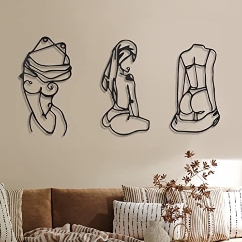 Image of Photect 3 Pcs Metal Wall Art Decor Minimalist Abstract Woman Wall Art Metal Modern Line Drawing Decor Female Single Line Home Hanging for Bedroom Bathroom Living Room Housewarming(Lively,Black)