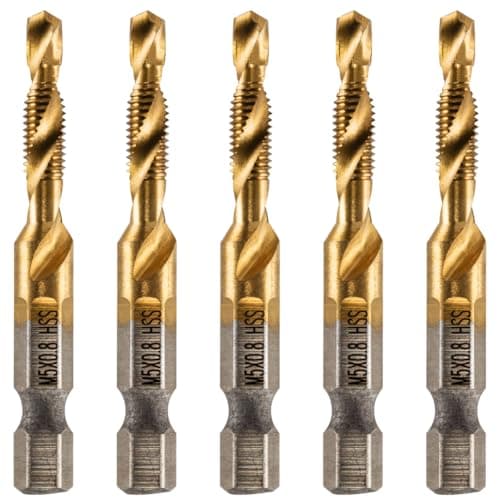 Image of Rennie Tools - Pack Of 5 - M5 x 0.8 Combination Drill and Tap Bit, 1/4" Hex Shank. Metric Coarse Titanium Coated HSS Spiral Flute Drilling Tapping Tool. 5mm x 0.8mm Pitch Drill Bit.