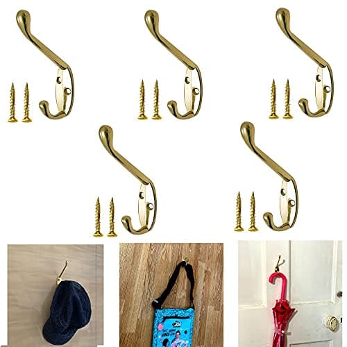 Image of TERF® Polished Brass Double Wall Mounted & Door Hat Coat Robe Hooks for Bathroom Bedroom Kitchen Office Door Hooks with Fixing Screw - Pack of 5