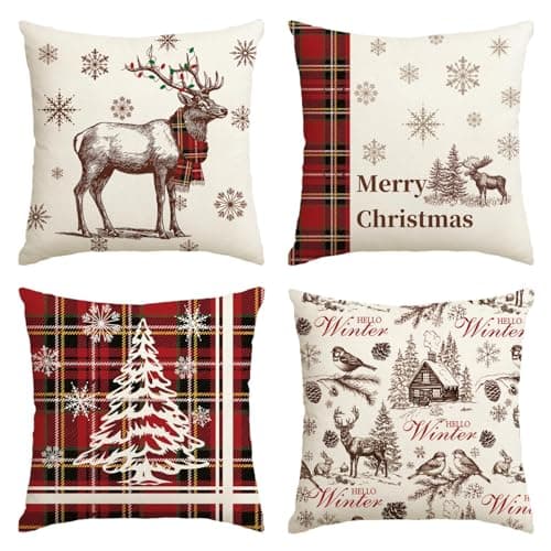 Image of Artoid Mode Reindeers Snowflakes Trees Christmas Cushion Covers Set of 4, 40x40 cm Hello Winter Decorative Pillow Case Cover Sofa Living Room Decor