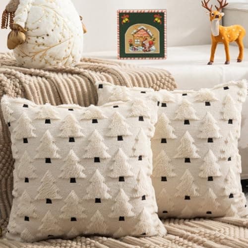 Image of QUVITA Set of 2 Christmas Cushion Covers 45 x 45 cm, Trees Christmas Decorative Sofa Throw Pillow Covers with Hidden Zip for Home Bedroom Couch and Decorative Cushions, Beige
