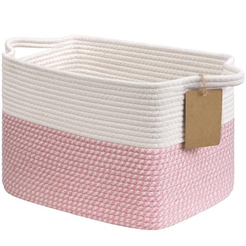Image of TIMEYARD Woven Storage Basket, Storage Baskets for Organizing, Rope Gift Basket with Handles, Baby Baskets Kids Toy Organizer for Living Room, Pink, 33 x 25.4 x 22.9 cm