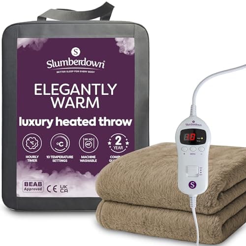 Image of Slumberdown Warm Heated Throw Blanket (130x160cm) - Luxury Fleece Electric Blanket with 10-Heat Settings & Timer | Energy Efficient (3p/hr), 2-Year Guarantee, Washable, Brown