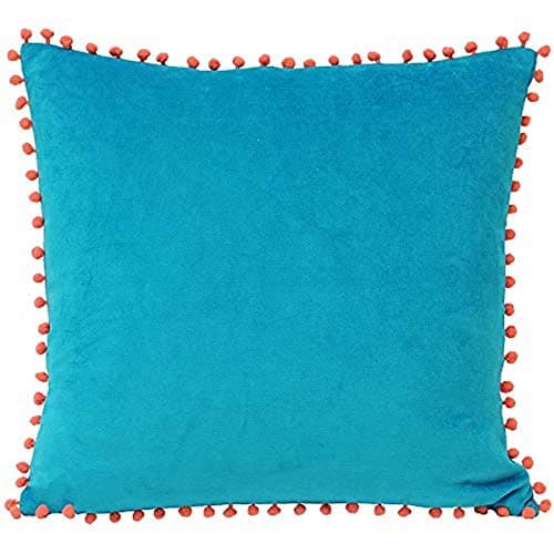 Image of Riva Paoletti Feather Filled Cushion Blue-Faux Velvet Fabric-Contrasting Coral Orange Pompom Edges-Hidden Zip Closure-100% Soft (18" X 18" Inches), Cotton, Teal, 45 X 45 cm