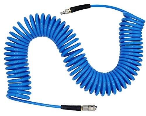 Image of YOTOO Air Compressor Hose Polyurethane Recoil 15m Long 6mm ID x 9.5mm OD with Bend Restrictor, 1/4" Europe Quick Coupler and Plug, Blue
