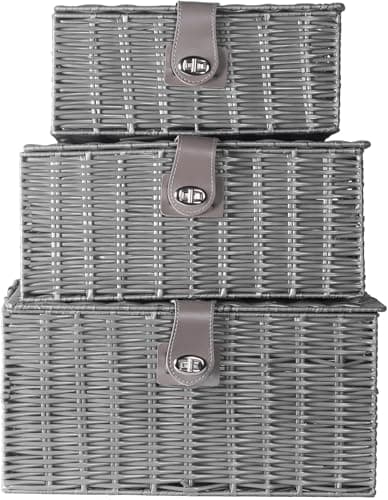 Image of Resin Woven Storage Baskets – Set of 3 Nesting Organisers | Decorative Grey Storage Baskets for Bathroom, Bedroom, Playroom | M&W