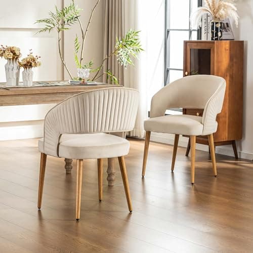 Image of younturn Modern Velvet Upholstered Dining Chairs Set of 2, Comfortable Padded Kitchen Chairs with Armrests, Curved Backrest and Solid Wooden Legs for Dining Room, Kitchen, Living Room, Cream