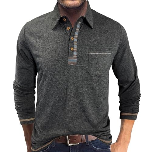 Image of PRIVIMIX Mens Polo Shirts Long Sleeve Basic Golf Rugby Shirt with Pocket Casual Polos T-Shirts Work Tops with Plaid Collar Black M