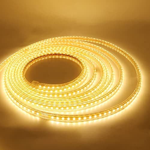 Image of GQL Mains Powered LED Strip Warm White, 5m Flexible SMD 2835 LED Rope Light Ribbon for Home Commercial Decoration, Ceiling/Kitchen/Cupboard/Corridor/Garden Lighting