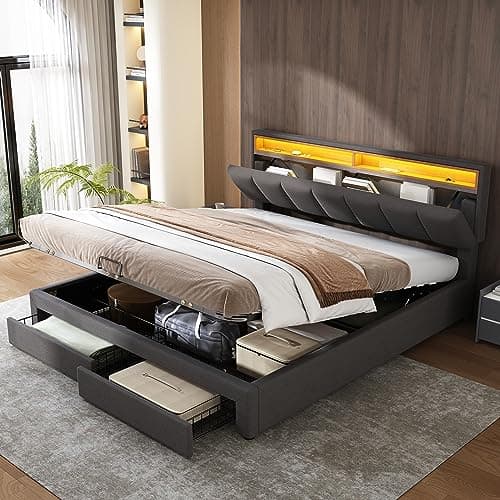 Image of Upholstered Bed Frame with Hydraulic Lift & Drawers & Adjustable Concealed Storage Headboard, 5ft King Size Bed Frame with LED Lighting, Linen Functional Ottoman Storage Beds with Wooden Slats, Grey