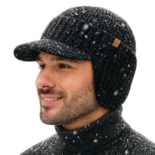 Image of TOP-EX DryKnit™ Waterproof 80% Merino Wool Peaked Beanie Hat Men with Ear Flaps & Fleece Lined Winter Thermal Newsboy Cap Baker Boy Hats Windproof for Golf Running M/L Black