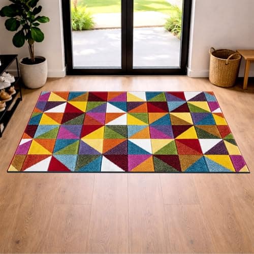 Image of cozily® Medium Pile Jute Rugs for Bedroom, Colourful Rugs for Living Room - 80 x 150 cm, Geometric Triangle - Washable Area Rug for Lounge, Sitting Room & Bedside