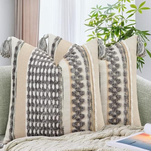 Image of AmHoo Set of 2 Chenille Striped Textured Boho Throw Pillow Covers Aesthetic with Tassels Woven Decorative Pillow Case for Couch Bed Sofa Bedroom Modern Funky 18 x 18-Inch Grey White