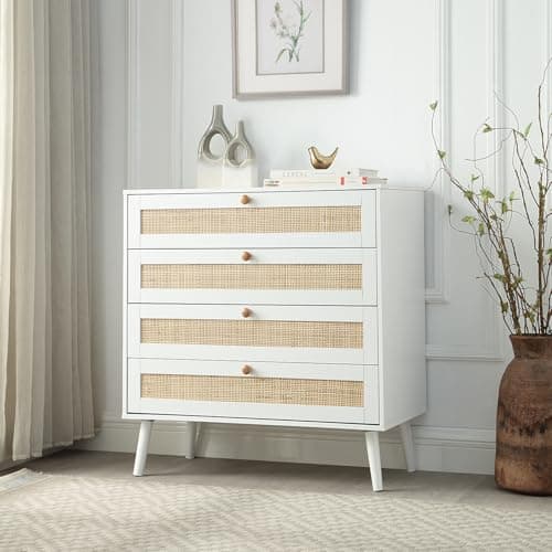 Image of Home Treats Bedroom Furniture Set Rattan White Wooden Wardrobe Chest of 4 Drawers Bedside Table 3 Piece Set Rustic Country Rattan Weave (4 Drawer Chest)