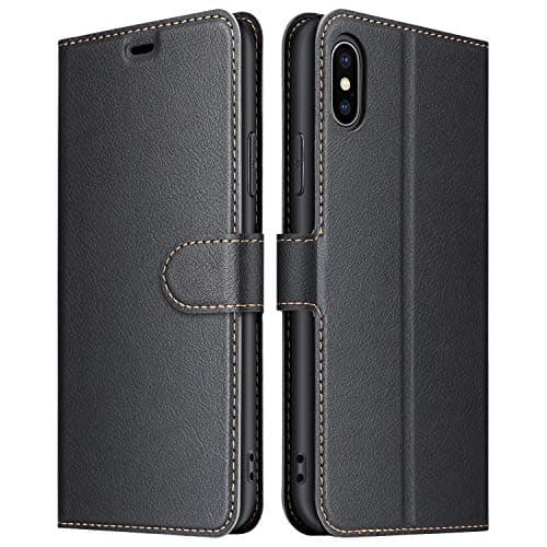 Image of ELESNOW Phone Case for iPhone X / 10, Flip Wallet PU Leather Card Holder with RFID Blocking Magnetic Closure Stand Cover for Apple iPhone X/XS (Black)