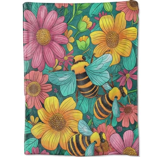 Image of amepay Bee Buzzing Collect Honey Blanket, Colorful Flower Bloom Throw Blankets for Home Bedroom Couch Room Decor, Fluffy Comfortable Warm Throws, for Kids Women Girls, 40x50 in
