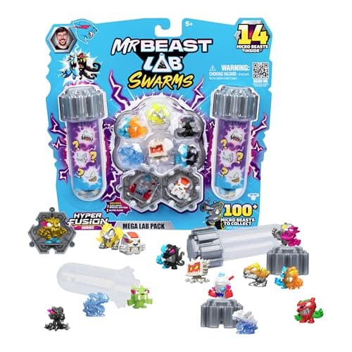 Image of MrBeast Lab Swarms Hyper Fusion Series, Steel Slushee Collectibles, Collect Over 100 Unique Swarms, Mega Lab Pack with 14 Micro Beasts, 14 Stickers & 4 Fusion Caps, Fun for Kids & Fans