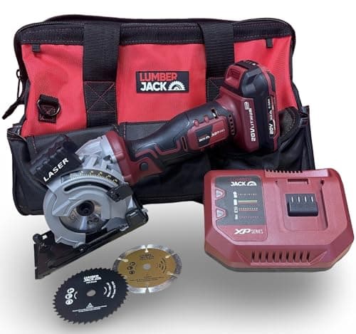 Image of LUMBER JACK 20V Cordless Mini Plunge Saw Kit Compact 89mm Saw with Laser Guide, Adjustable Depth, 1x 2.0Ah Li-ion Battery, Fast Charger, Carry Bag & 3 Blades Cuts Wood, Metal, Tile & Plastics