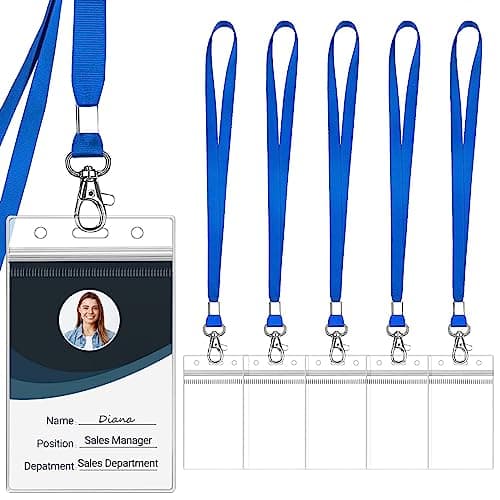 Image of WILLIZTER Clear ID Badge Holder with Lanyard Water Proof Vertical Display Identification Card Name Card Protector with Zipper Resealable Nametag Holder (Blue-6pcs)