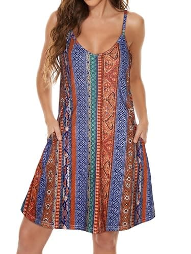 Image of JOELLYUS Womens Spaghetti Strap Dress Summer Dresses Beach Cover Ups Casual Sundresses with Pockets, Blue Red Stripe, M