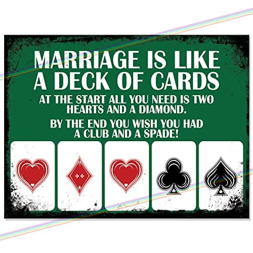 Image of "Marriage is Like a Deck of Cards" Funny Metal Bar Sign | Retro Wall Plaque for Home Pub, Garden Bar & Man Cave | Witty Wedding or Anniversary Gag Gift | 20cm x 15cm | Made in UK