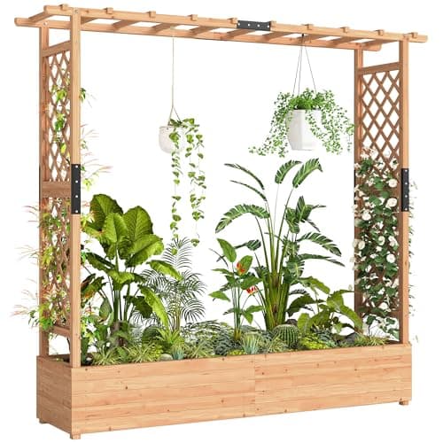 Image of Outsunny Garden Planter with Trellis, Wooden Raised Bed for Garden with Hanging Roof and Drainage Holes, Outdoor Trellis Planter Box for Vegetables, Herbs and Flowers, 196 x 44 x 181 cm, Natural