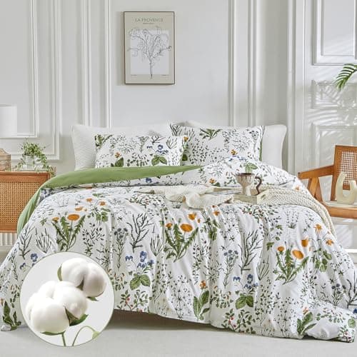 Image of Lekesky 200 Thread Cotton King Size Duvet Cover Sets White Bedding Set, Printed Orange Floral and Plants King Size Duvet Cover with Pillowcases Zip Closure, Duvet Cover 230x220 cm, White/Printed