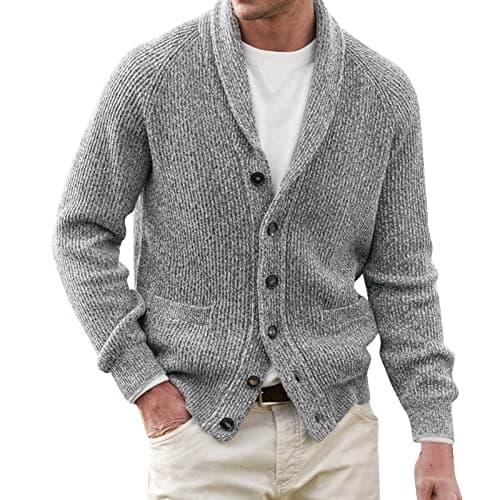 Image of Men's Knitted Cardigan Thick Warm Button Cardigan Shawl Collar Cotton Knitted Jumper Solid Color Sweater Coat Chunky Knitwear Casual Knit Jacket Autumn Winter Thermal Outerwear with Pocket Grey
