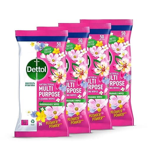 Image of Dettol Flower Power Antibacterial Multipurpose Biodegradable Cleaning Wipes | Peony & Rose Fragrance | Limited Edition | 50s (Pack of 4)