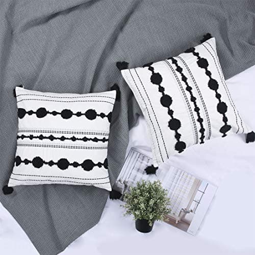 Image of Boho Pillow Covers Black and White 18x18 Set of 2 Moroccan Tufted Dot Textured Throw Pillow Cover Tassel Farmhouse Modern Off White Cushion Cover Decorative Accent Pillow Cover