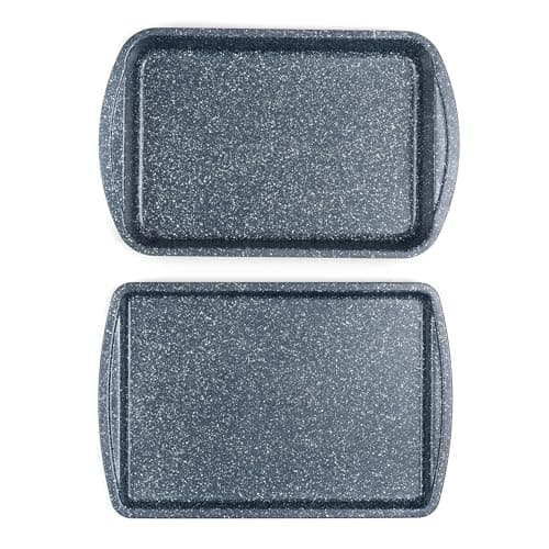 Image of Russell Hobbs 2pc Nightfall Tray Set - Non-Stick Stone Oven Baking & Roasting Tray, 38cm Oven Baking Sheet & Roaster, Oven Safe to 220°C, Easy Clean, Blue Marble Carbon Steel