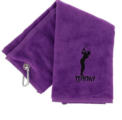 Image of Always Looking Good Personalised Embroidered Golf Towel with Any Name Any Font Luxury Velour 50cm x 40cm Custom Embroidered Golf Towel with Carabiner Clip Gift- Golf Gifts for men and women (Purple)