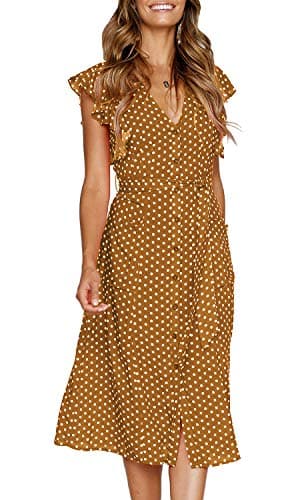 Image of MITILLY Women's Boho Polka Dot Flutter Short Sleeve V Neck Button Down Swing Midi Dress with Pockets, 08 Brown, XL