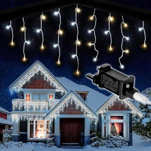Image of SHATCHI 720LEDs Waterfall Icicle Christmas Lights Warm and Cool White - Multifunction 8 Modes, Timer Clear Cable Indoor/Outdoor Low Voltage Waterproof Curtain Light Christmas Decoration