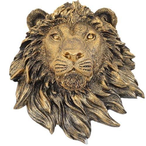 Image of HEMOTON Lion Head Wall Mounted Art Resin Sculpture, Faux Copper 20X23X9.5Cm, Animal Ornament for Indoor Wall Decoration and Coffee Canteen
