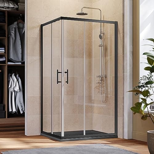 Image of ELEGANT 1000 x 700 mm Black Corner Entry Shower Enclosure 6mm Extra Toughened Safety Glass Sliding Shower Door Screen Panel with Gray Tray